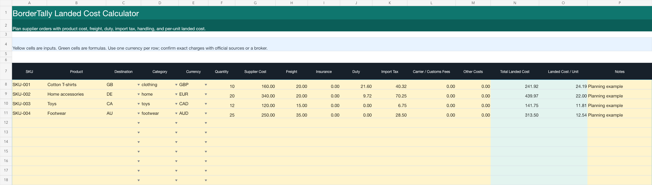 Preview of the BorderTally landed cost calculator Excel template showing yellow input cells, green formula cells, and four example products